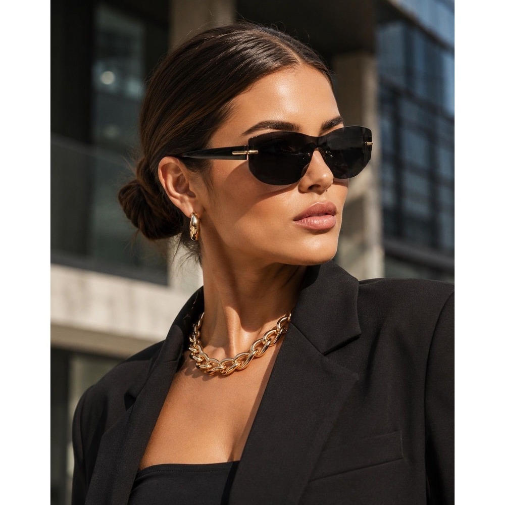 Oscar de la Renta Black Rimless Shield Sunglasses Gold Hardware Oversized Lenses